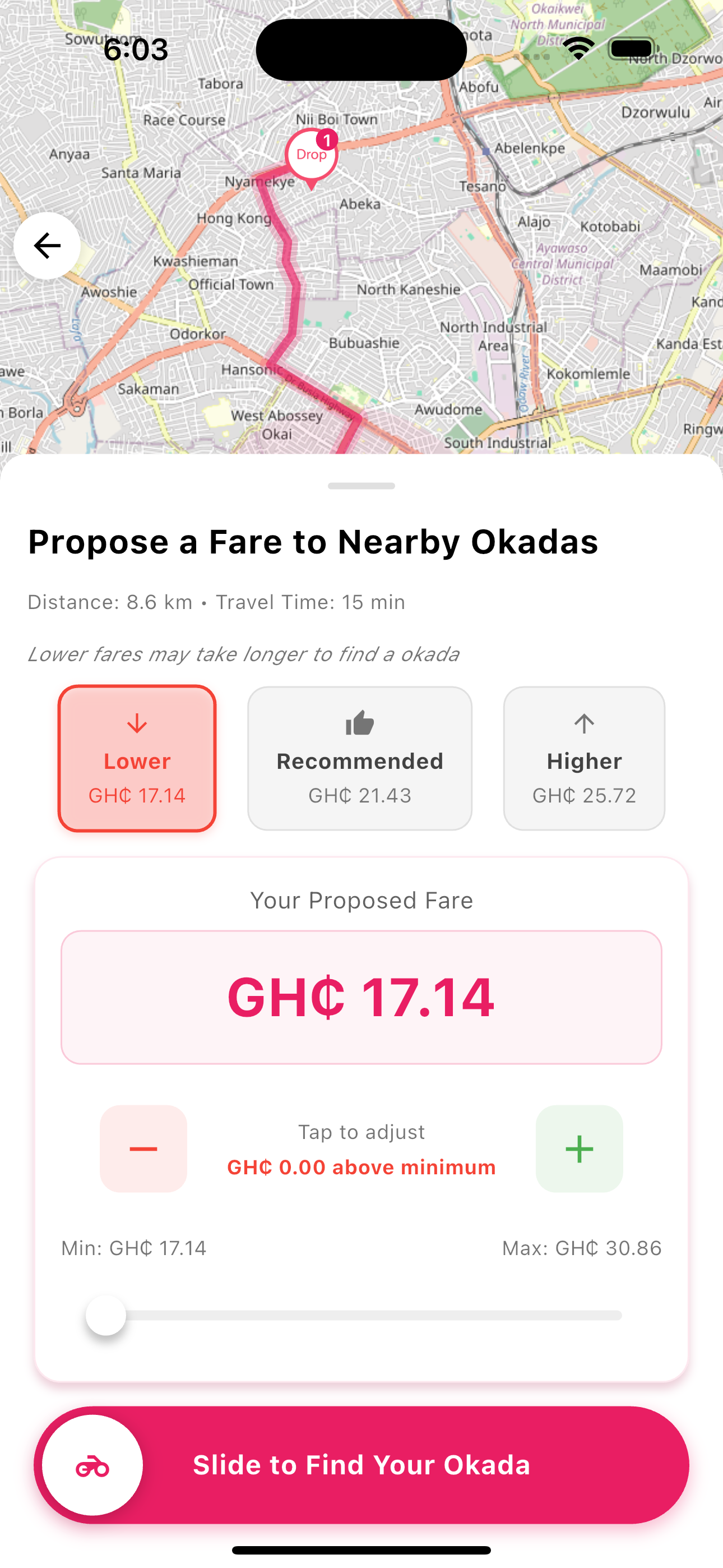 ChaleWoya mobile app interface showing negotiation-based okada delivery platform for Ghana with fare bidding system running on iPhone 16 Plus